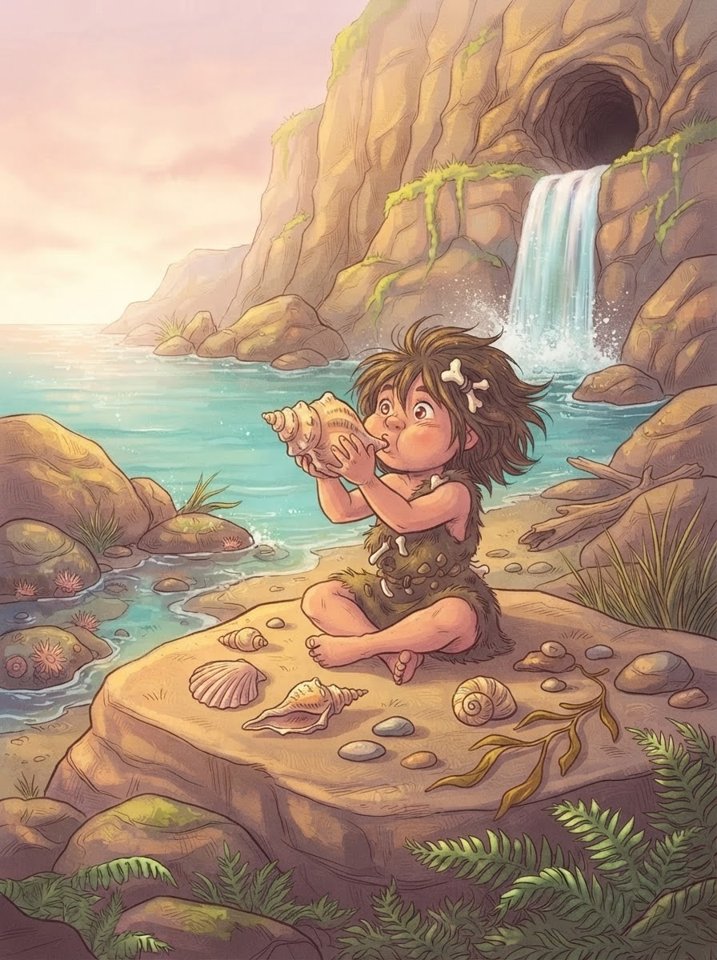Gina sits on a rock by the sea at dawn, blowing into a large seashell.