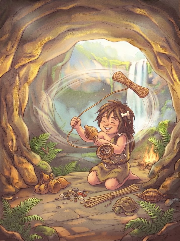 Gina swings a bullroarer overhead and shakes a gourd rattle in the cave.