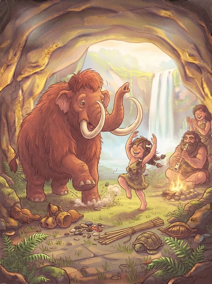 A woolly mammoth stomps while Gina dances and her parents play and sing.