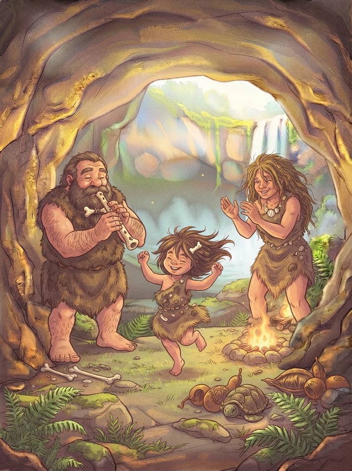 Papa Earl plays the flute and Mother Linda claps as Gina dances by the fire.