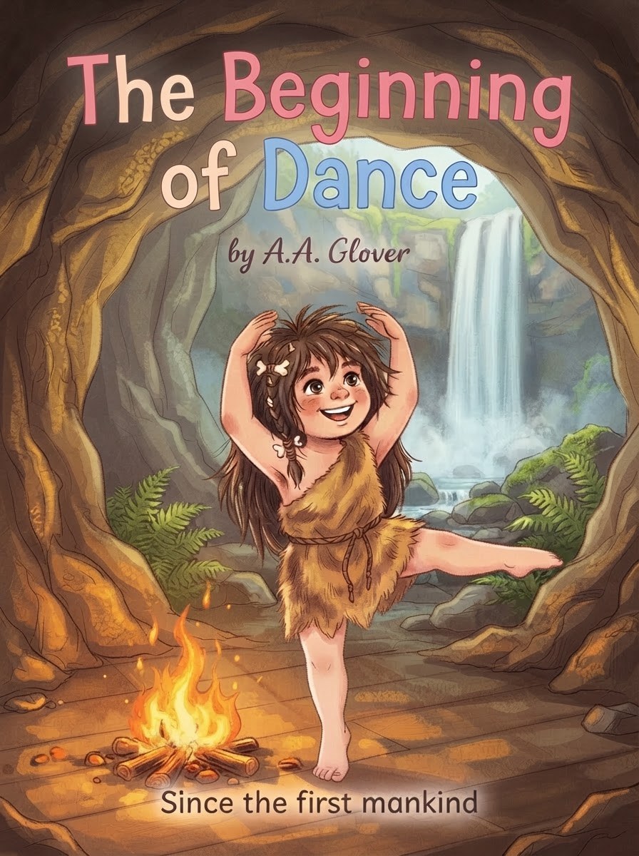 Cover of The Beginning of Dance: a smiling cave girl dances on one foot beside a campfire, with a waterfall behind her.